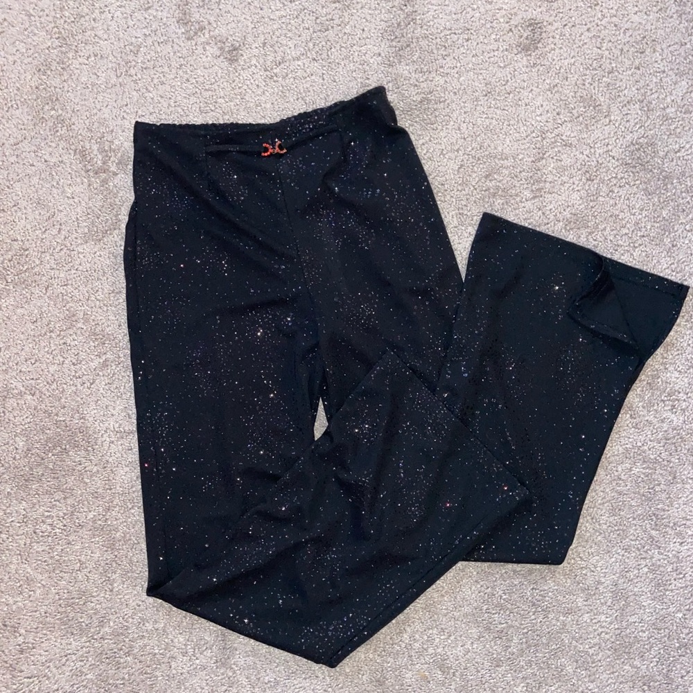 Y2K Black Sparkle Belted Disco Flare Pant XS
